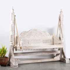 Rajasthan Handmade Carved Solid Hard Wood Swing in White