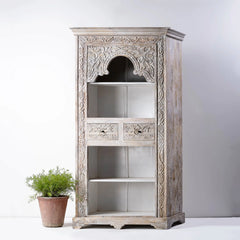 Rajasthan Handmade Indian Furniture Wooden Carved Whitewash Bookshelf