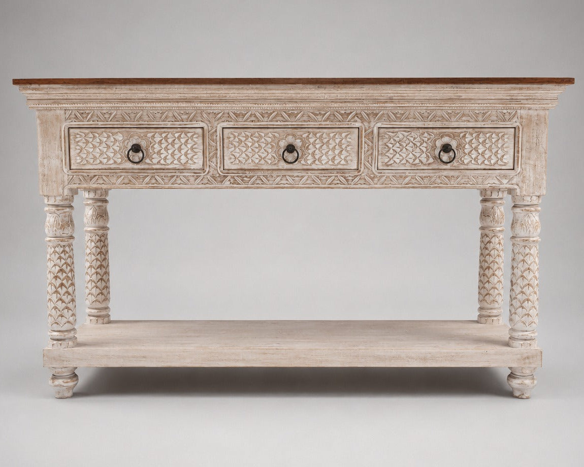 Dimensions: 130 × 40 × 76 cm (W × D × H)
Material: Solid Mango Wood
Finish: Honey Brown Top with Whitewashed Base – Dual-Tone Distressed Finish
Storage: 3 Carved Drawers + 1 Lower Open Shelf
Hardware: Antique Black Iron Ring Pulls
Assembly: No Assembly Required – Ready to Use
Availability: In Stock – Ready for Shipping in Australia.