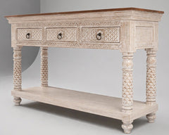 Carved Console Table / Entryway Table / Hallway Table with Storage 3 drawers and honey brown top
