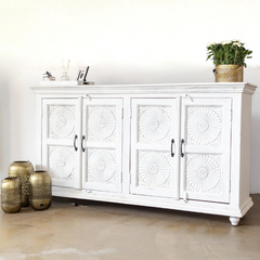 Pine Grove Floral Carved Handmade Indian Furniture Mango Wood Sideboard All White