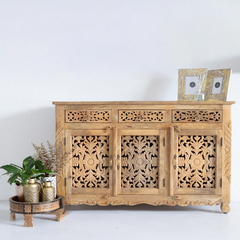 Pine Grove Floral Carved Handmade Indian Furniture Mango Wood Sideboard Natural Finish