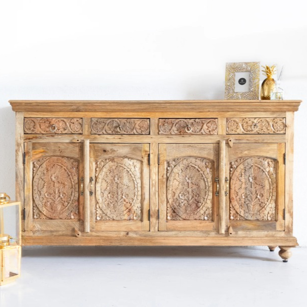 Pine Grove Floral Carved Handmade Indian Furniture Mango Wood Sideboard Natural Finish