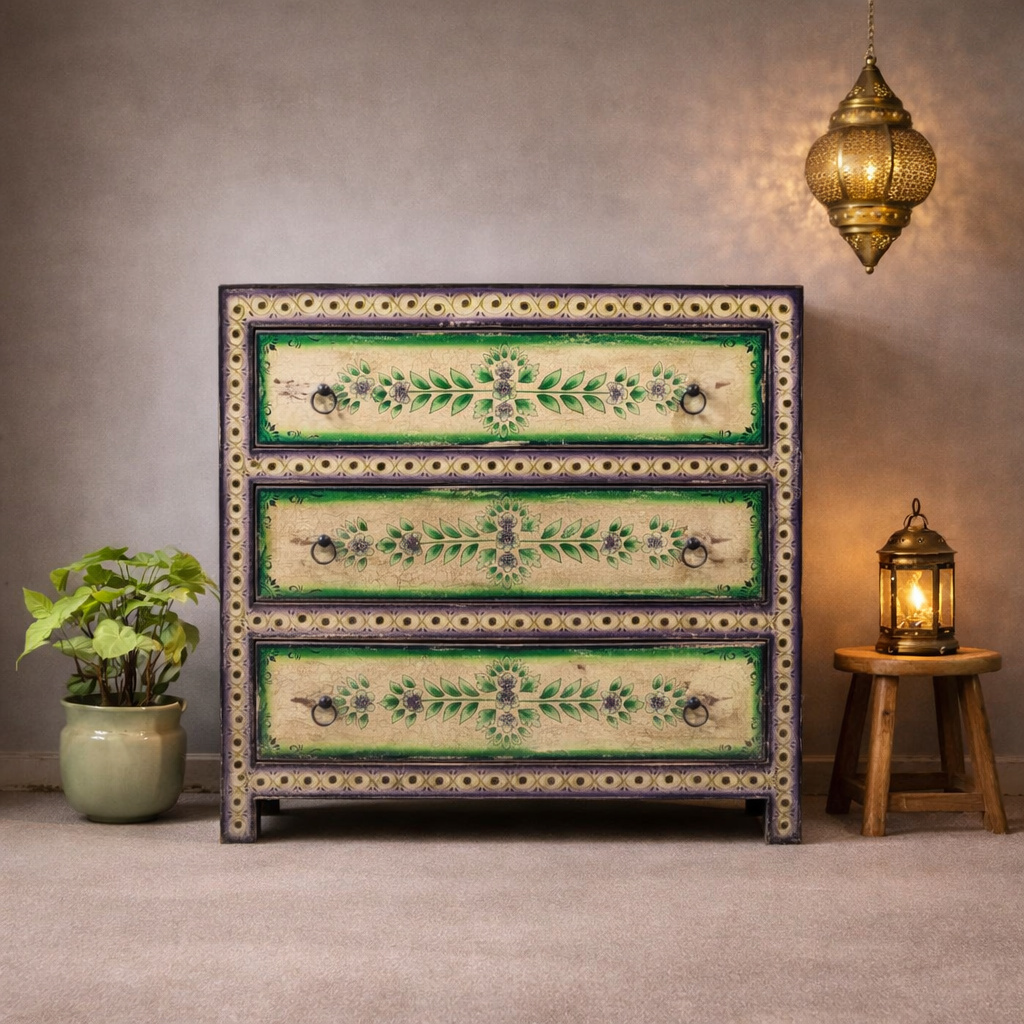 Hand Painted Solid Wood Chest of Drawer 90X40X90 cm