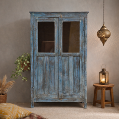Indian Hand Carved Glass Door Cabinet Wardrobe Blue 80X40X131 cm