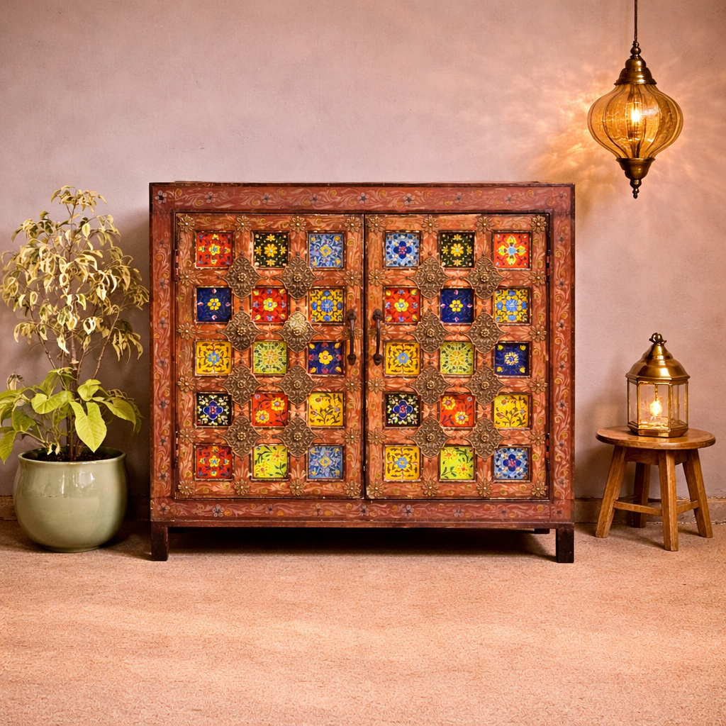 Indian Hand Painted Tile & Brass Work Solid Wood Cabinet 90X40X85 Cm