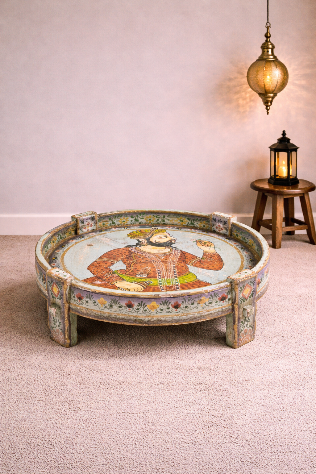 Hand Painted Solid Wood Chakki Grinder Coffee Table 70X70X25 cm