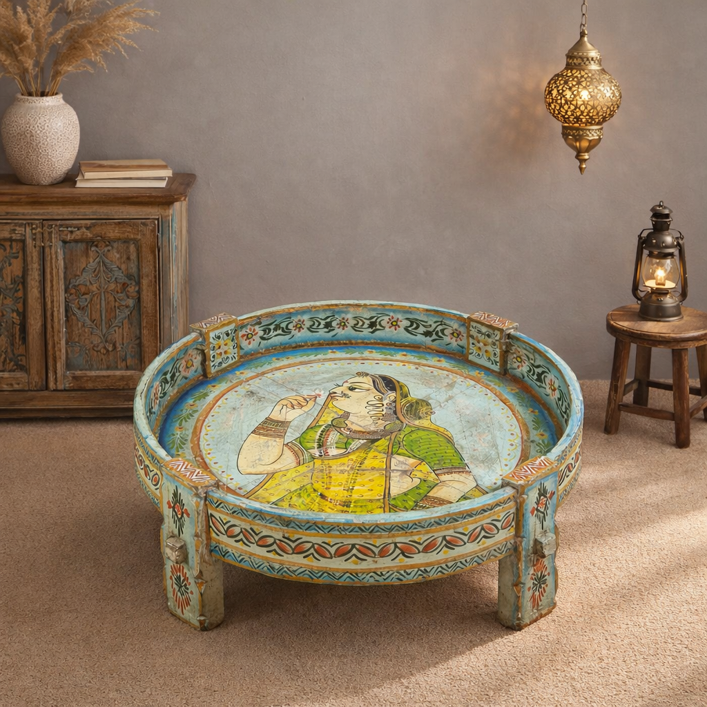 Hand Painted Solid Wood Chakki Grinder Coffee Table 70X70X25 cm