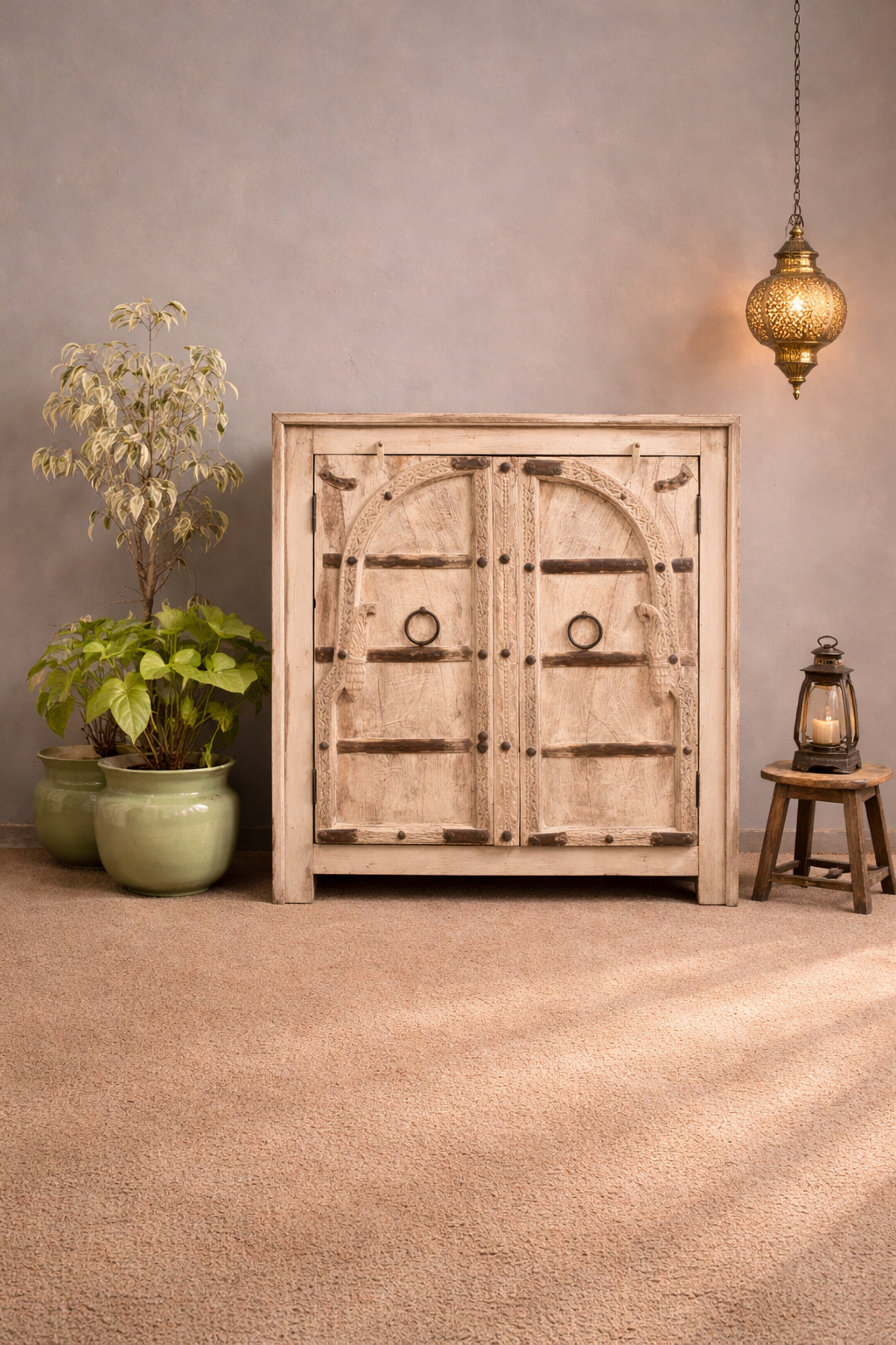 Indian Furniture Hand Carved Solid Wood Cabinet Natural 86X42X98 Cm