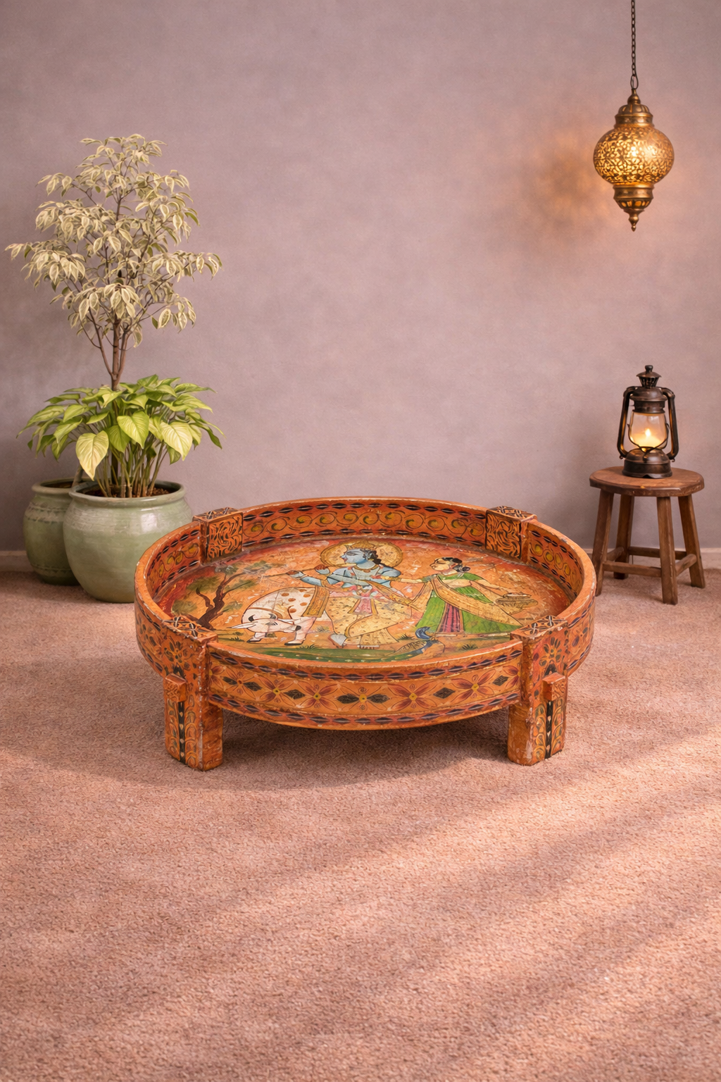 Hand Painted Solid Wood Chakki Grinder Coffee Table 70X70X25 cm