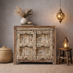 Indian Furniture Hand Carved Old Door Solid Wood Cabinet Natural 102X50X90 Cm