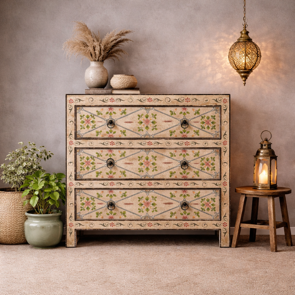 Hand Painted Solid Wood Chest of Drawer 90X40X90 cm