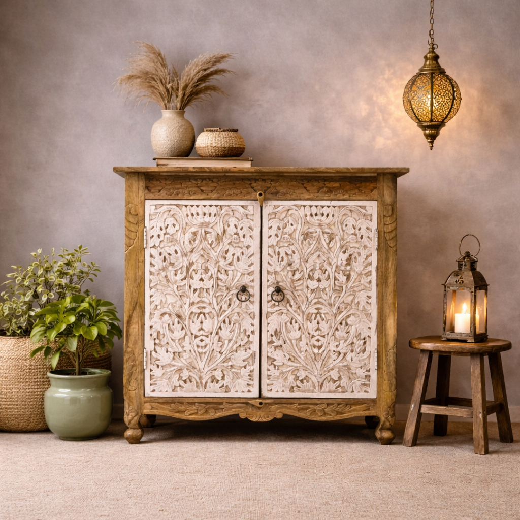 Indian Furniture Hand Carved Solid Wood Cabinet 90X40X90 Cm