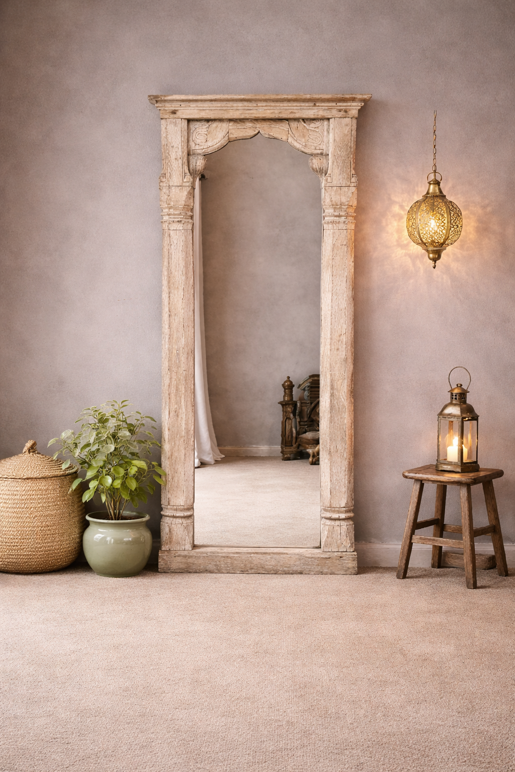 Hand Carved Solid Wooden Mirror Frame Natural 71X8X170 cm