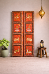 Indian Hand Painted Solid Wooden Door Panel Red