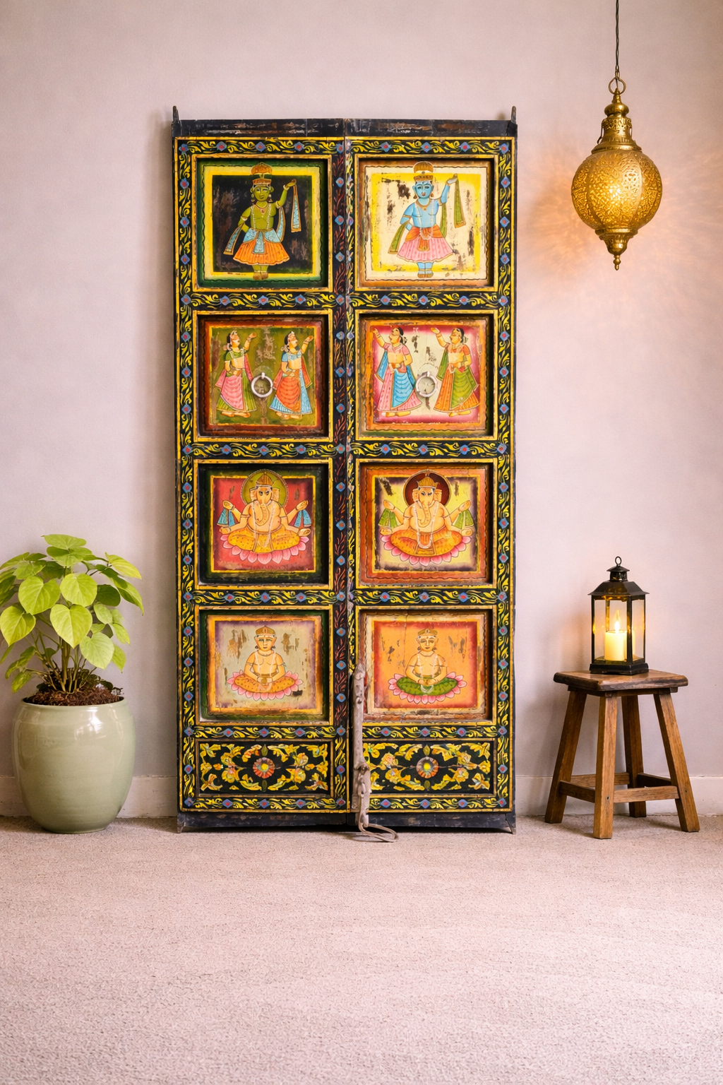 Indian Hand Painted Solid Wooden Door Panel Multicolour 80x6x180 cm