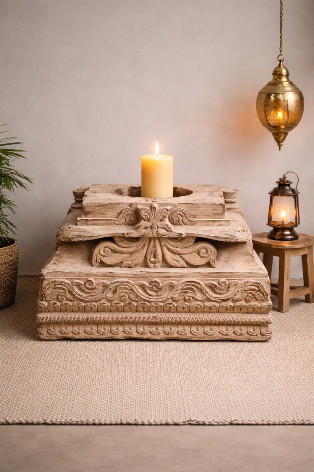 Antique Hand Carved Candle Holder Stand 23X23X17 cm