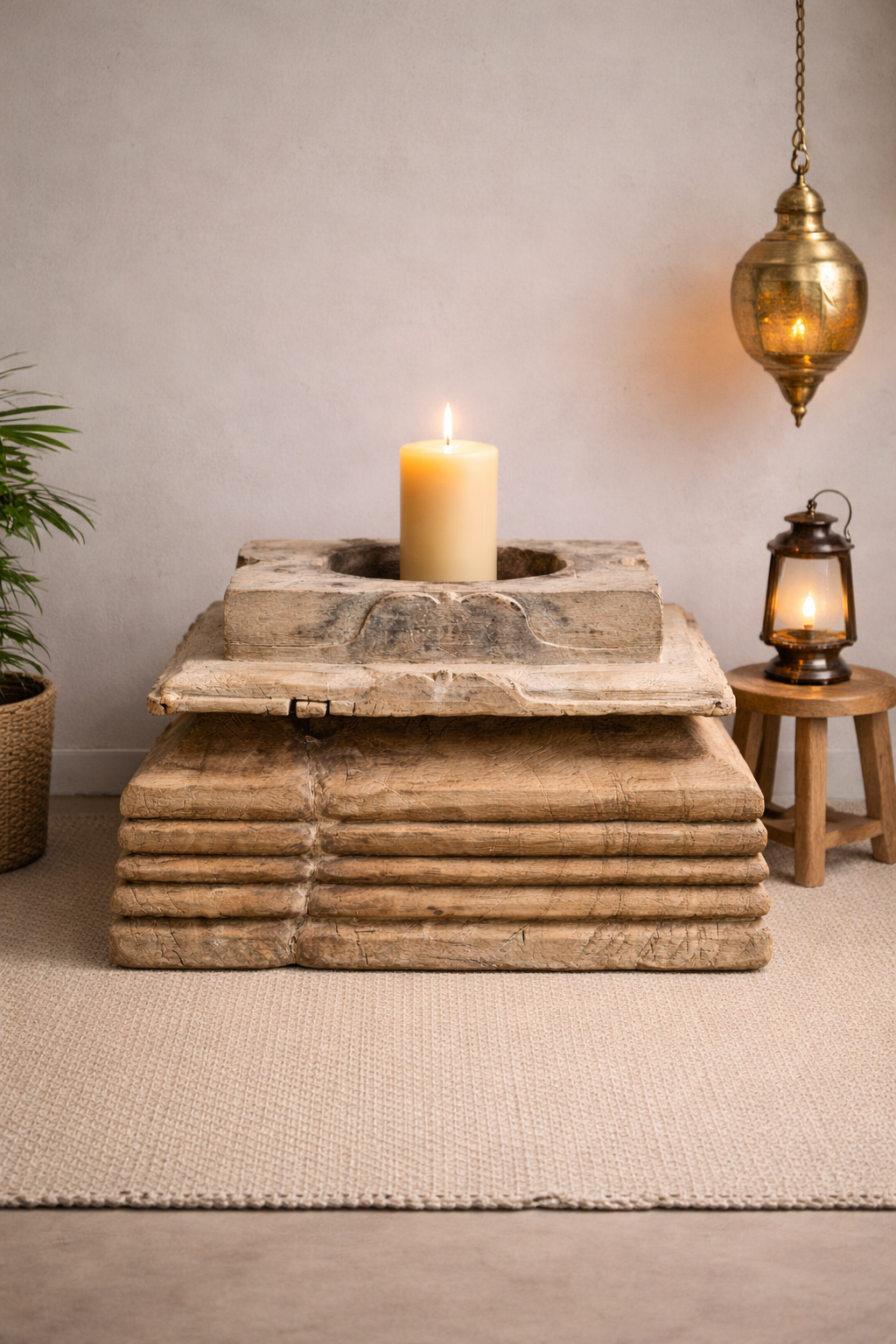 Antique Hand Carved Candle Holder Stand 23X23X16 cm