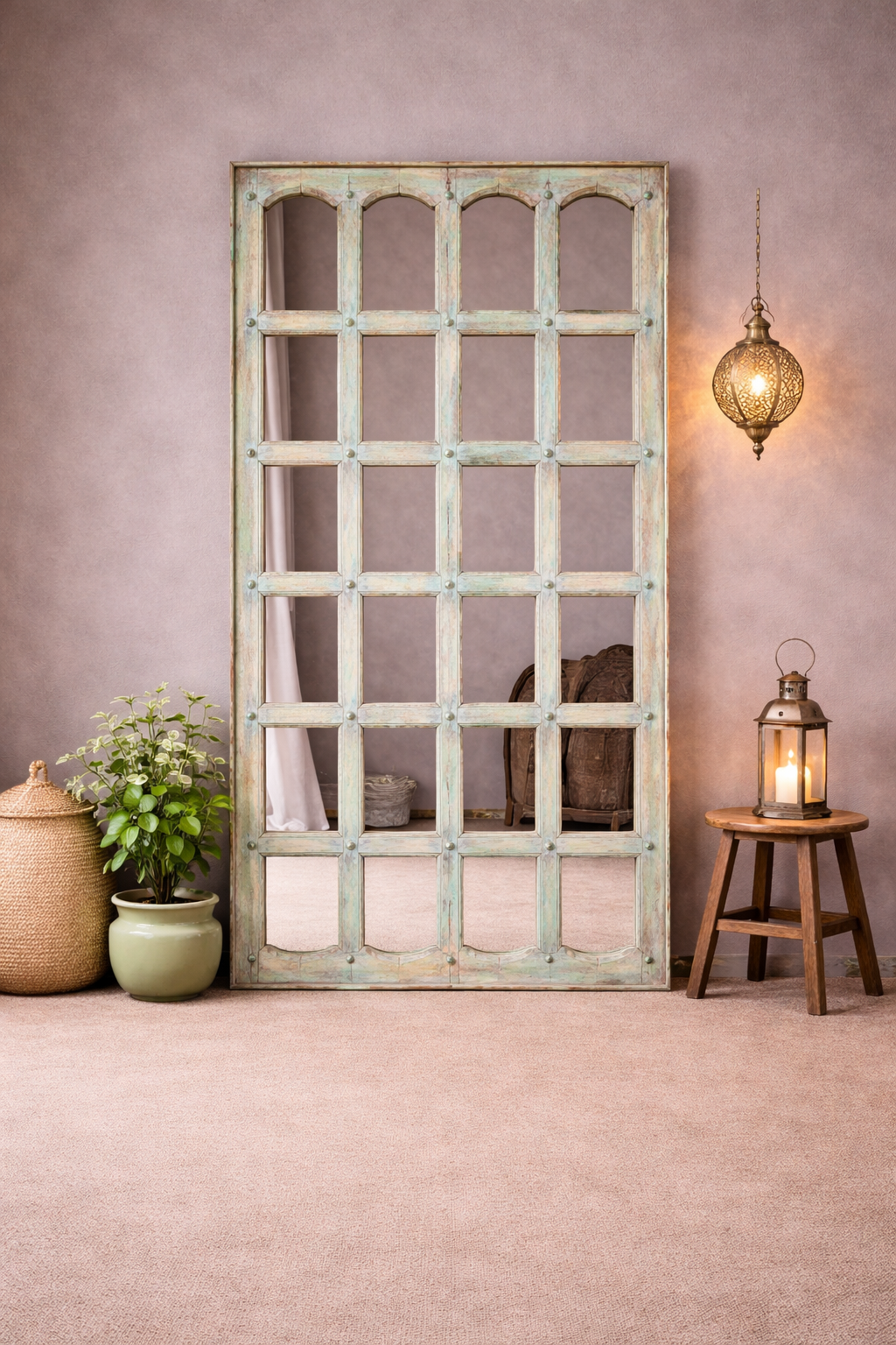 Indian Hand Carved Solid Wooden Glass Door 102X10X167 cm