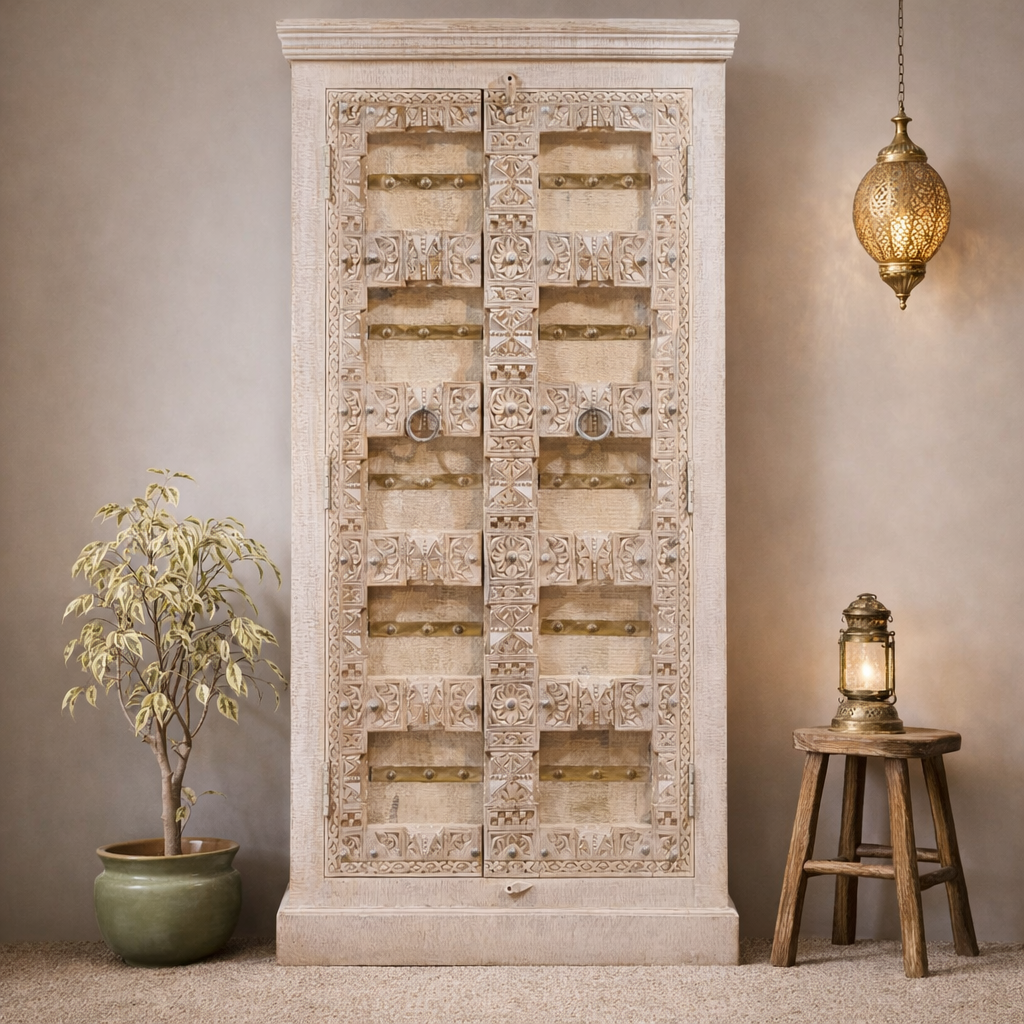 Indian Vintage Hand Carved Old Door Cabinet Wardrobe White 90X45X180 cm
