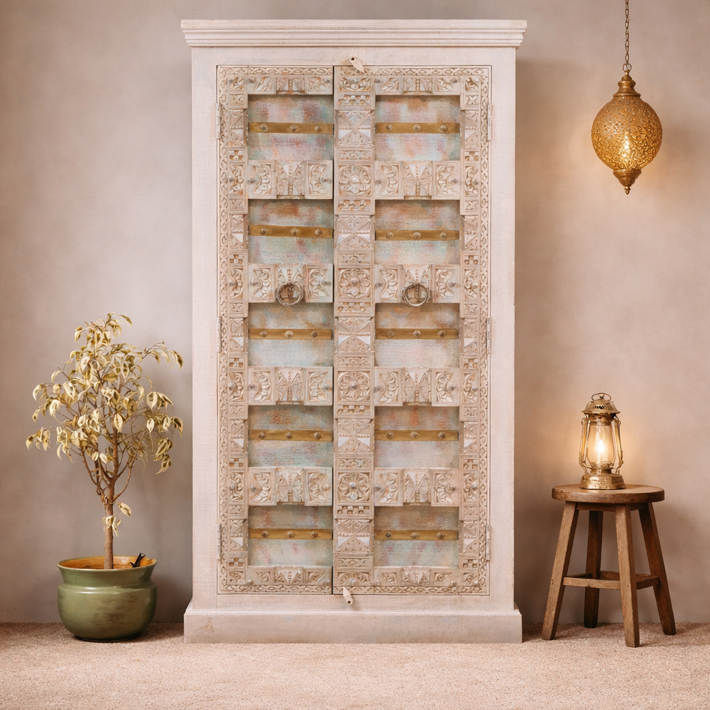 Indian Vintage Hand Carved Old Door Cabinet Wardrobe 90X45X180 cm