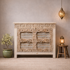 Indian Hand Carved Brass Fitted Solid Wood Cabinet 115X45X100 Cm