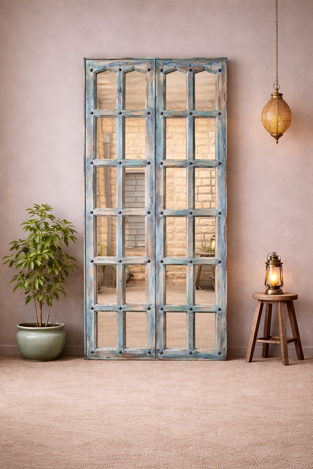 Indian Hand Painted Solid Wooden Mirror Door 78X6X158 cm