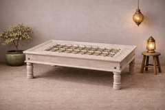 Hand Carved Vintage Door Style Brass Fitted Solid Wood Coffee Table 132X60X45 Cm
