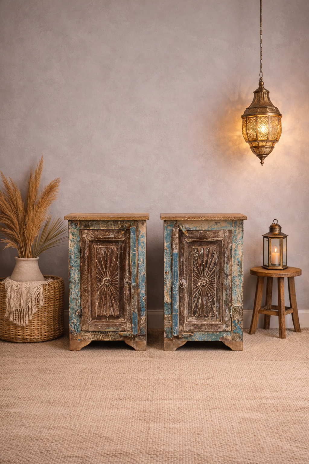 Indian Hand Carved Rustic Solid Wood Bedside Table (Set of 2) 38X35X65 cm