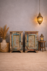 Indian Hand Carved Rustic Solid Wood Bedside Table (Set of 2) 44X34X63 cm
