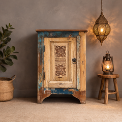 Indian Hand Carved Rustic Solid Wood Bedside Table (Set of 2) 44X35X70 cm