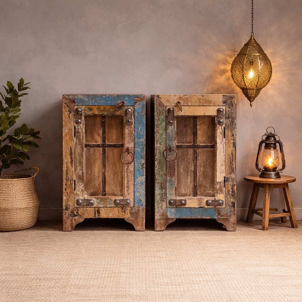 Indian Hand Carved Rustic Solid Wood Bedside Table (Set of 2) 38X34X65 cm