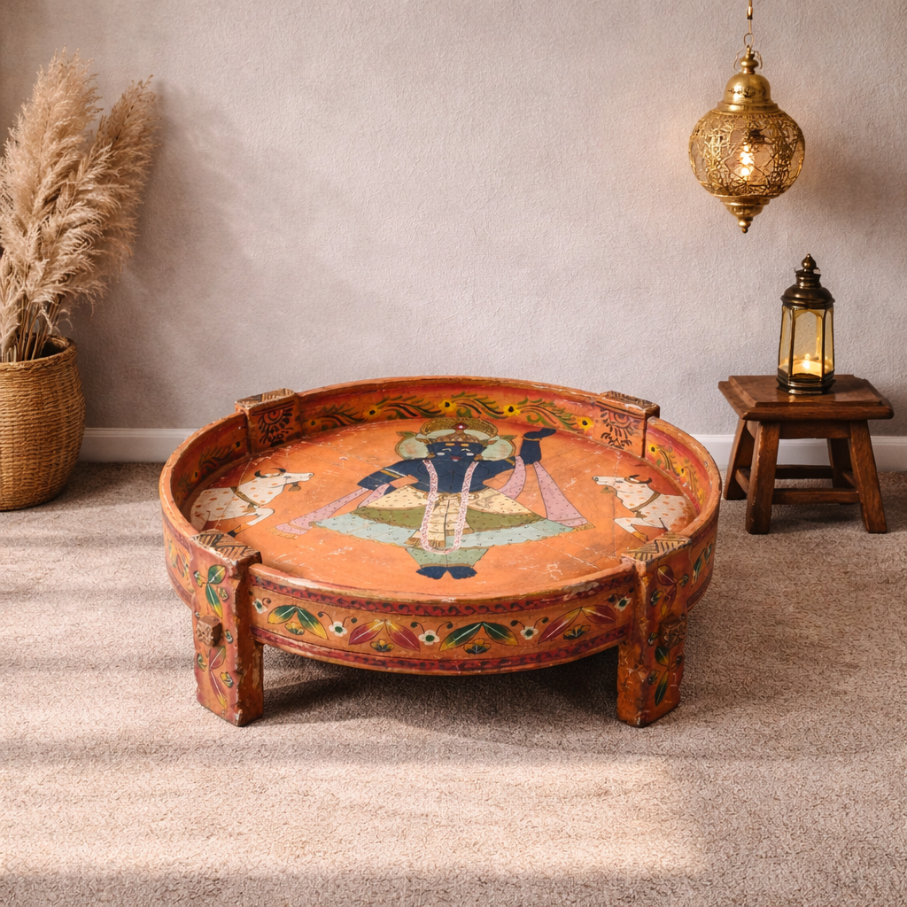 Hand Painted Solid Wood Chakki Grinder Coffee Table 70X70X26 cm