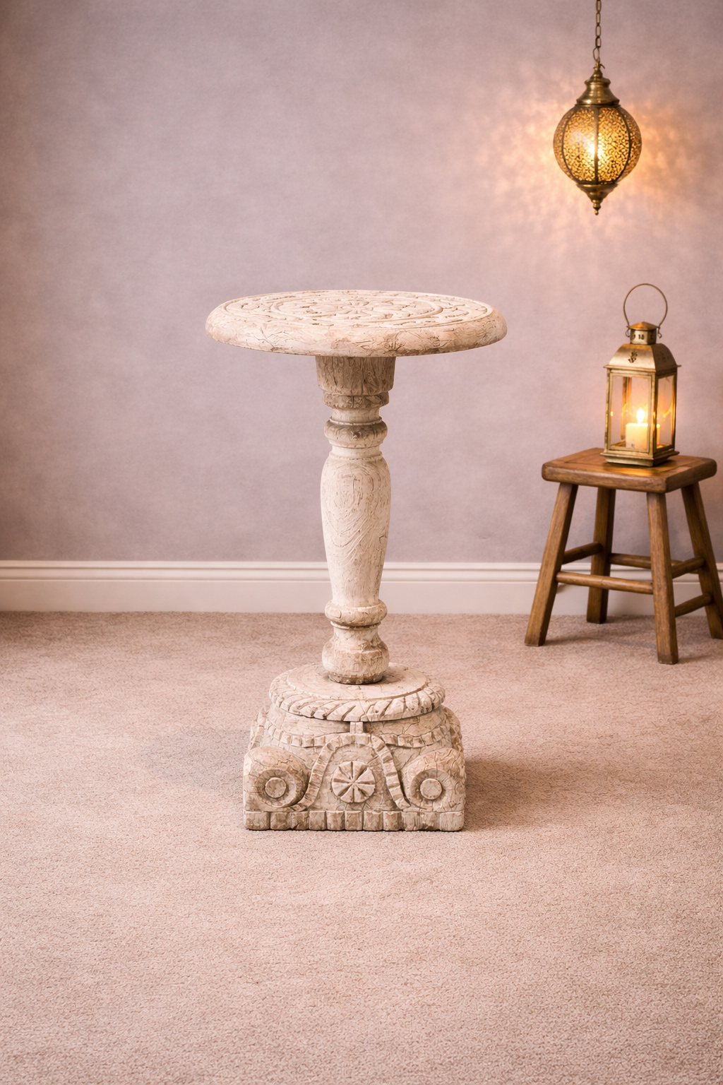 Indian Furniture Hand Carved Solid Wood Side Table 32X32X56 Cm