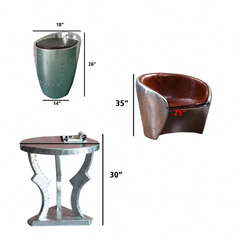 3-Piece Living Room Set | Aluminum Wing-Style Tub Chair, Leather Top Round Coffee Table & Metal Stool | Industrial Patchwork Decor