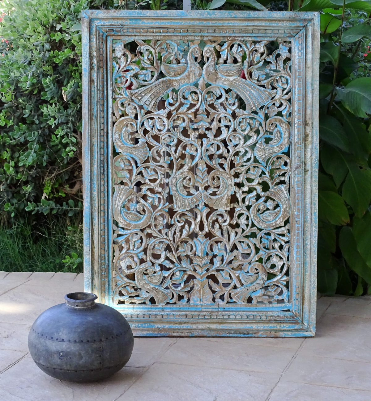 Carved Handmade Mango Wood Floral Carvings Wall Hanging Panel Distressed Blue