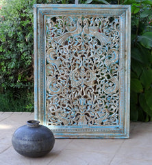 Carved Handmade Mango Wood Floral Carvings Wall Hanging Panel Distressed Blue