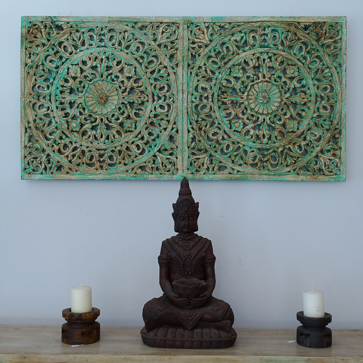 Carved Handmade Mango Wood Jali Carving Wall Hanging Panel Distressed Green