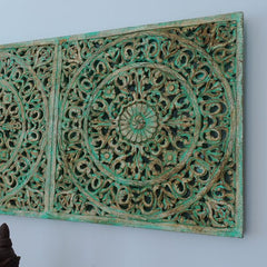 Carved Handmade Mango Wood Jali Carving Wall Hanging Panel Distressed Green