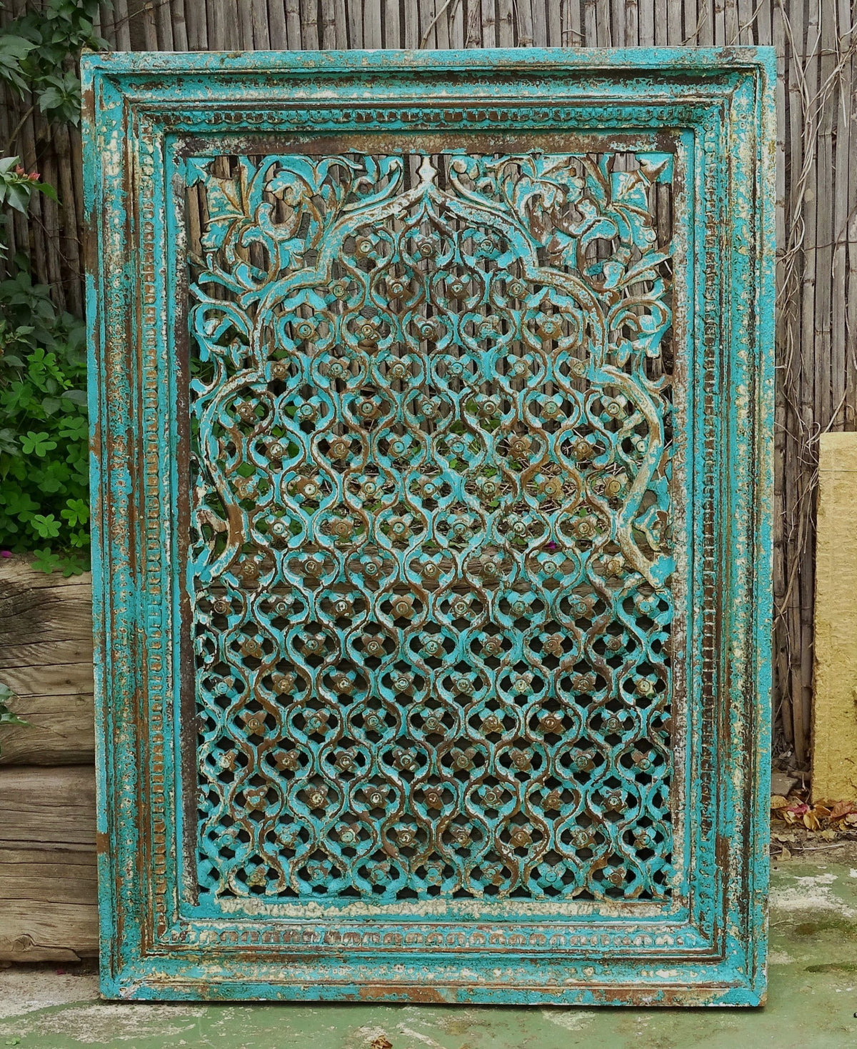 Carved Handmade Mango Wood Jali Carving Wall Hanging Panel Distressed Blue