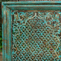 Carved Handmade Mango Wood Jali Carving Wall Hanging Panel Distressed Blue