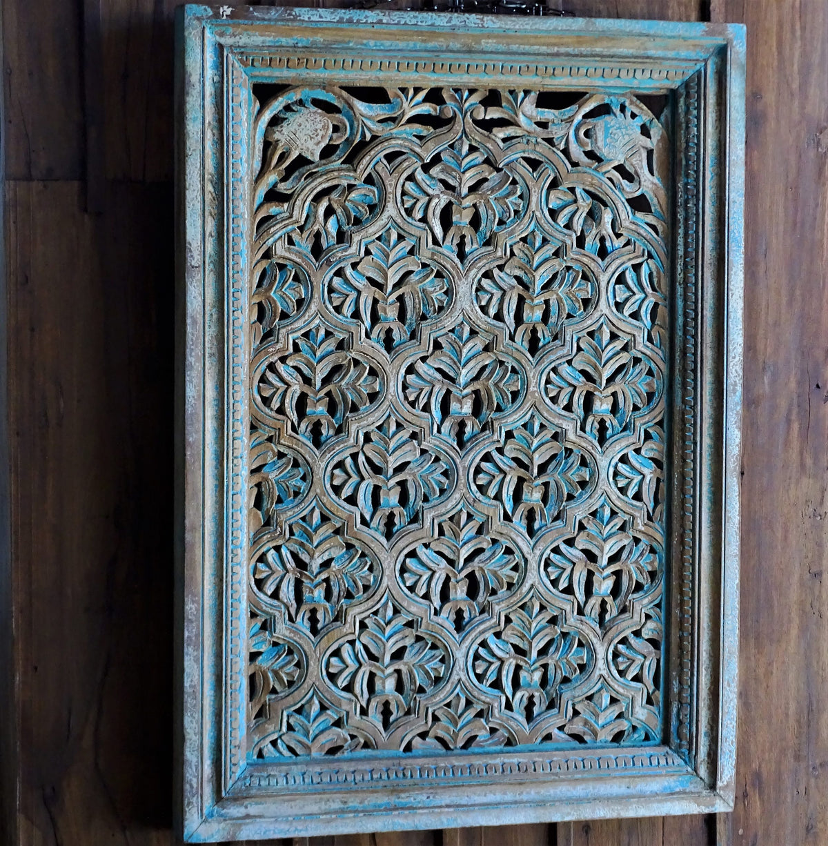 Carved Handmade Mango Wood Floral Carvings Wall Hanging Panel in Blue