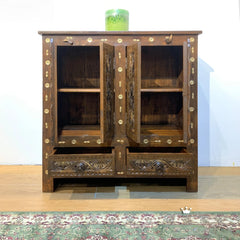 Antique Indian 2 Doors 2 Drawers Brass Accents Hand Carved Solid Wooden Cabinet