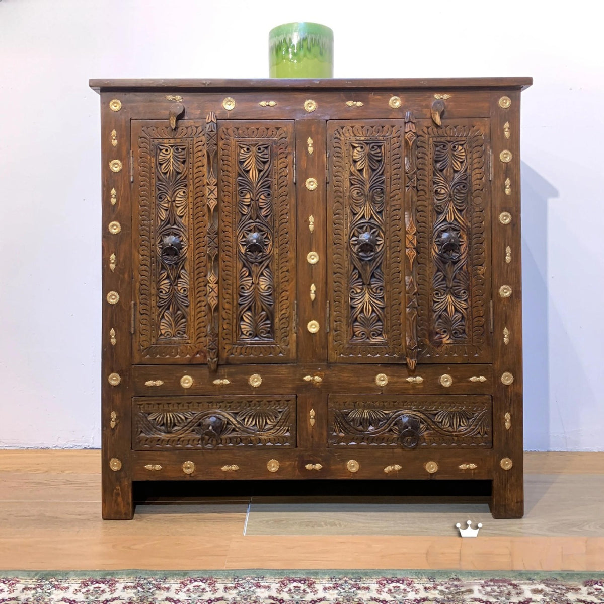 Antique Indian 2 Doors 2 Drawers Brass Accents Hand Carved Solid Wooden Cabinet