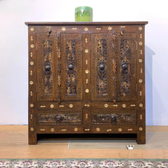 Antique Indian 2 Doors 2 Drawers Brass Accents Hand Carved Solid Wooden Cabinet