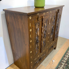 Antique Indian 2 Doors 2 Drawers Brass Accents Hand Carved Solid Wooden Cabinet