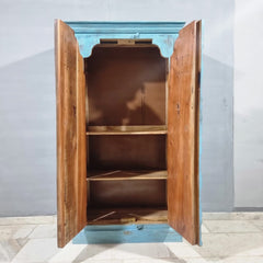 Vintage Hand Carved Solid Wood Cupboard Wardrobe Rustic Blue D118