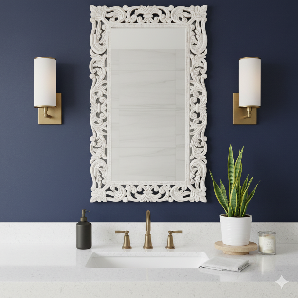 Handcrafted Floral Carved Solid Wood Indian Furniture Mirror Frame 34