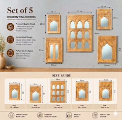 Handcrafted Wooden Wall Mirror Set – Rustic Moroccan Arch Mirror Frames | Boho Farmhouse Wall Decor (Set of 5)