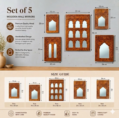 Handcrafted Wooden Wall Mirror Set – Rustic Moroccan Arch Mirror Frames | Boho Farmhouse Wall Decor (Set of 5)